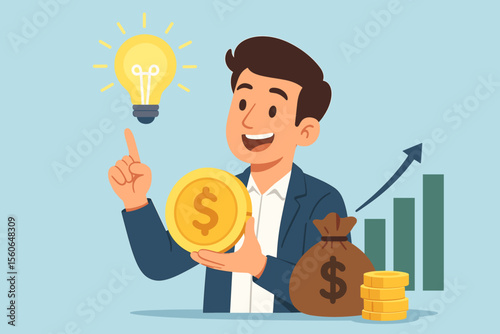 Businessman with a financial idea for income growth and profit. Concept of innovation, investment strategy, and success. Man holding coin, pointing at lightbulb. Growth chart.