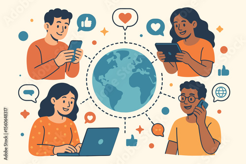 Global social media network. People connecting worldwide. Concept of internet communication. Diverse characters with gadgets like phone and laptop. Online community and technology vector.