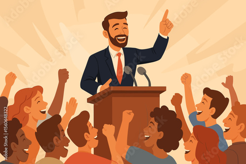 Charismatic leader or politician delivering an inspiring speech to an enthusiastic crowd. Motivational speaker at a rally or conference. Public speaking concept vector cartoon.