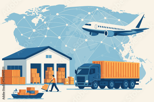 Global logistics and transportation vector concept. Supply chain management with warehouse, cargo truck, ship, and airplane. International freight shipping and worldwide distribution network.