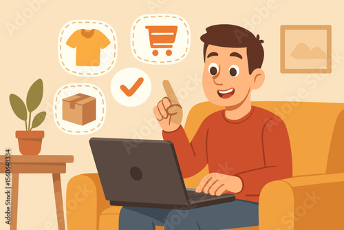 Man shopping online with laptop at home. Customer buying on internet store, choosing products and placing order. E-commerce, online retail, and delivery service concept illustration.