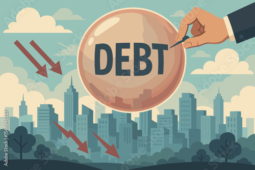Metaphor of debt bubble crisis threatening a city. Hand with pin to pop bubble symbolizing financial market crash and economic recession. Business risk and investment danger concept.