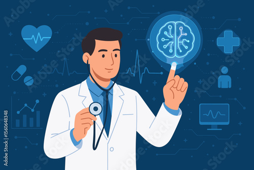Medical technology innovation concept. Doctor uses futuristic holographic interface with artificial intelligence to analyze brain and heart data. Digital healthcare and modern medicine.