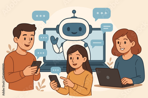 Customer support center with AI chatbot. People using laptop and phone to chat with virtual assistant. Online helpdesk service and technical assistance concept. Cartoon vector illustration.