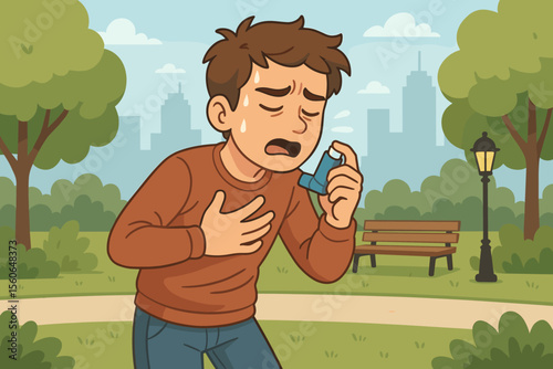 Asthma attack vector illustration. Young man in a park using an inhaler for shortness of breath. Concept of allergic reaction, respiratory disease, breathing problems, dyspnea, health issue.