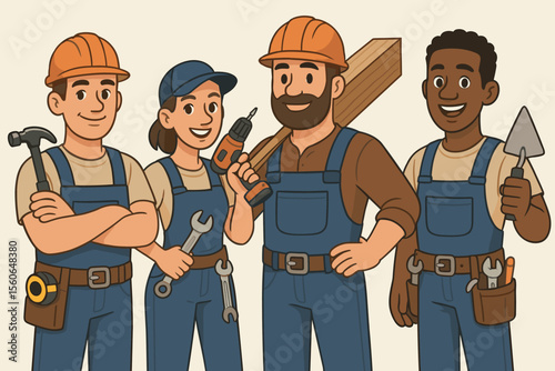 Team of builders and repairmen. Professional construction workers characters. Diverse handyman service group with tools for renovation and home maintenance. Vector illustration.