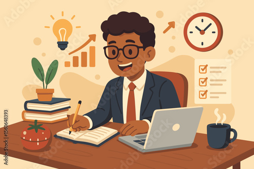 Productive businessman uses Pomodoro technique for time management. Man at desk with timer and laptop, boosting focus and workflow. Entrepreneurship and business growth concept.