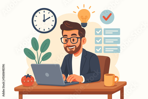 Productive businessman using Pomodoro technique for time management. Man at desk with laptop, tomato timer, and checklist. Concept of focus, workflow, and efficiency. Vector cartoon.