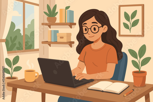 Young woman working from home on a laptop in a cozy office. Female freelancer or student studying online. Concept of a remote job, telecommuting, and a comfortable workspace. Vector illustration.