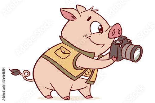 Vector cute Pig cartoon character, photographer's vest, holding a camera, curious and observant expression, camera lens reflection hint, isolated on white background