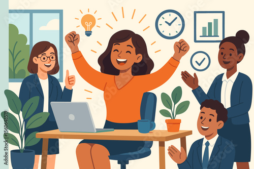 Happy businesswoman celebrating a great idea and success with supportive colleagues. Concept of teamwork, employee appreciation, thriving in a healthy company culture and career growth.