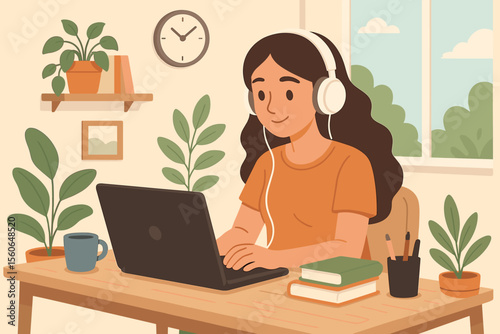 Young woman working on laptop at home office. Freelancer or student studying online with headphones. Remote work, e-learning, telecommuting concept. Vector cartoon illustration.