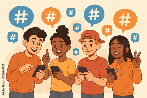 Group of young diverse friends sharing trending hashtags on social media with smartphones. Online communication, viral content, and generation z concept. Digital marketing vector.
