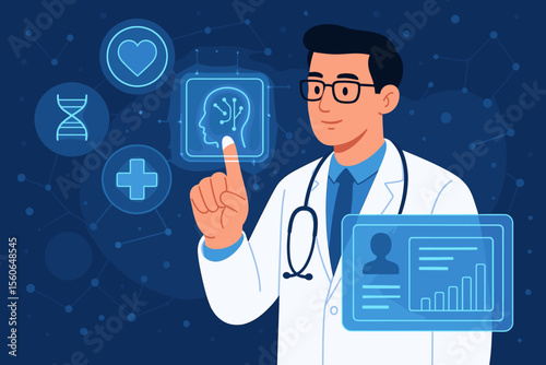 AI-driven digital healthcare concept. Doctor using futuristic virtual interface for patient diagnosis and data analysis. Medical technology, electronic records, neurology, genetics.
