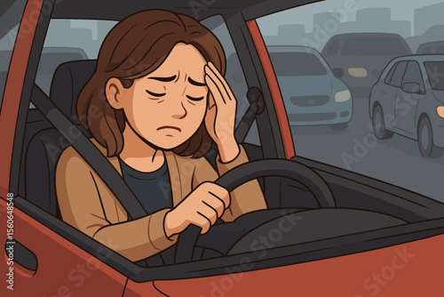 Stressed woman driving her car, stuck in a traffic jam. Concept of frustration, anxiety, and daily commute problems. Exhausted female with a headache during rush hour congestion.