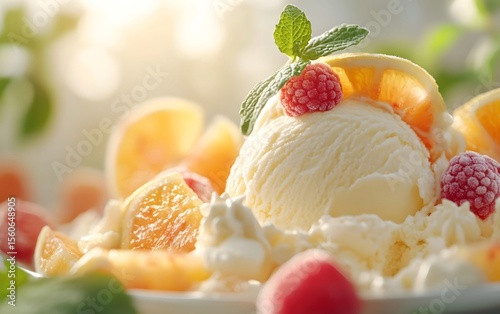 The smooth surface of vanilla ice cream is adorned with slices of fruit and mint leaves, with sunlight gently shining down and a blurred background