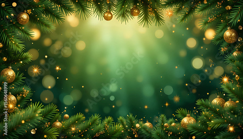 Christmas decoration border with fir branches and golden glitter confetti and sparkles of lights blur bokeh on green background