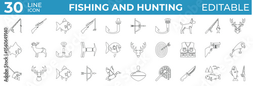 Clean hunting and fishing icons for outdoor, gear, and sport use

