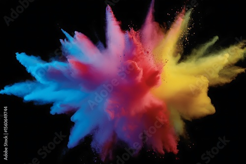 Vibrant explosion of blue red and yellow powder particles frozen in motion against a stark black background creating an abstract artistic display