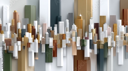 Dynamic arrangement of colorful vertical bars and geometric shapes creates an energetic abstract artwork with depth