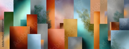 Dynamic arrangement of colorful vertical bars and geometric shapes creates an energetic abstract artwork with depth
