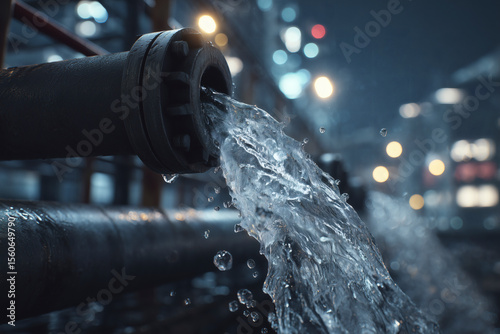 Flowing water from large pipe showing industrial water usage at a facility with lights in the background