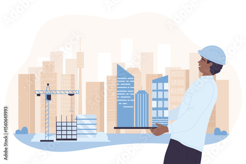 Urban construction development, engineering. Architect in helmet holding building city model, worker modeling modern office skyscrapers and houses flat vector illustration. Architecture concept