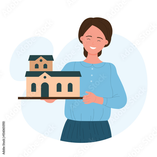 Smiling woman architect holding a new project building. Consultant and designer in construction flat vector illustration
