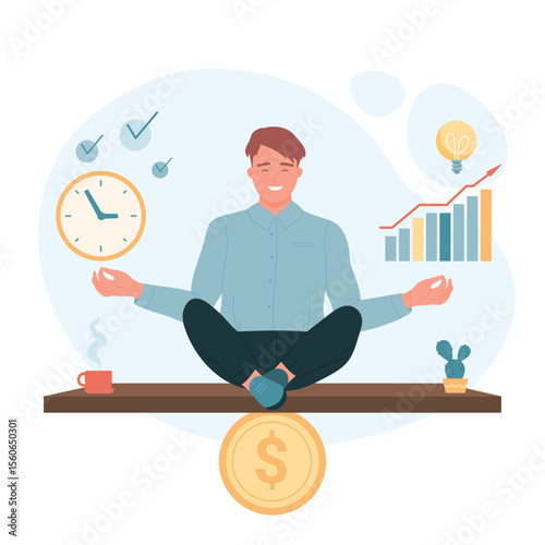 Boy management time and work balance. Effective male worker productivity sitting in lotus pose flat vector illustration