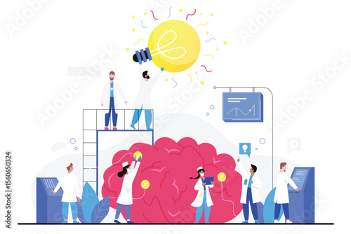 Brainstorm and brain development for inspiration and ideas. Tiny scientists engineering innovations, researching brainstorming process with light bulb flat vector illustration. Education concept