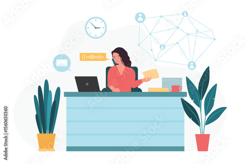 Business organization, work process and global network. Young businesswoman working with laptop at desk, female office worker training flat vector illustration. VOIP, telephony technology concept