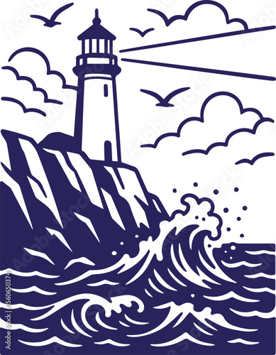 Lighthouse on rocky coast in vintage line art with crashing waves