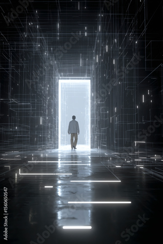 Person enters portal in a dark space surrounded by digital grid lines, symbolizing transition and future.