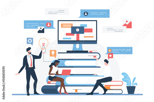 Data optimization and online analysis, digital databases and systems for business. Tiny team of office people work with document results, teamwork process of analysts flat vector illustration