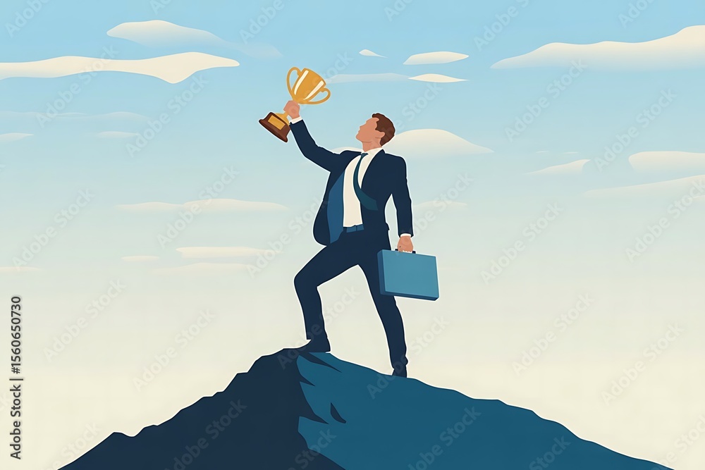 Successful businessman in a suit stands triumphantly on a mountain peak holding a golden trophy and a briefcase against a cloudy sky Successful businessman in a suit stands triumphantly on a mountain peak holding a golden trophy and a briefcase against a cloudy sky