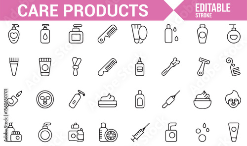 Icons of care products for personal hygiene and beauty routines including face masks and lotions.