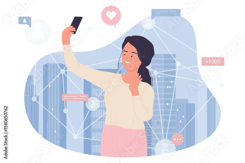 Social media, global network connecting community of people avatars in circles vector illustration. Cartoon girl using mobile phone for online communication with group of friends, chat with contacts