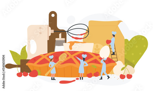 Cooking pie for restaurant or cafe sweet menu or bakery. Team of tiny pastry chefs in hat and uniform standing near baked dessert with flour, kitchen utensils and equipment flat vector illustration