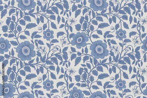 Elegant blue floral pattern with large blossoms and detailed leaves on a light background evoking a classic vintage wallpaper aesthetic