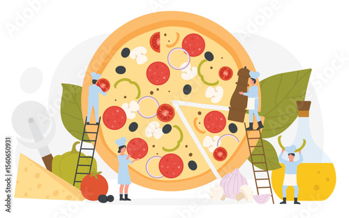 Pizza menu in Italian junk food restaurant or cafe. Team of tiny chefs holding delicious pepperoni sausage and pepper, funny people serving huge pizza pieces for eating flat vector illustration