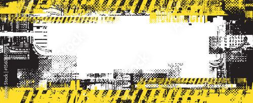 Abstract urban theme with space for text. Grunge street art on the background of spots and geometric shapes of urban architecture, newspaper clippings. T-shirt design. No AI used