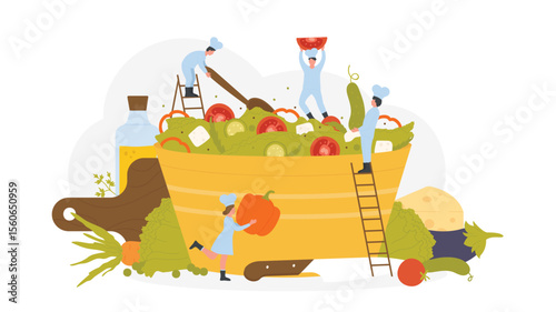 Healthy lifestyle and cooking Mediterranean diet recipes. Team of tiny chefs cook salad with vegetables, lettuce and feta cheese on lunch or dinner, prepare vegetarian meal flat vector illustration