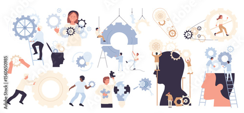 Project development process and success business strategy. Team of tiny people work with gears in human brain, training memory and skills, intelligence growth, self control flat vector illustration