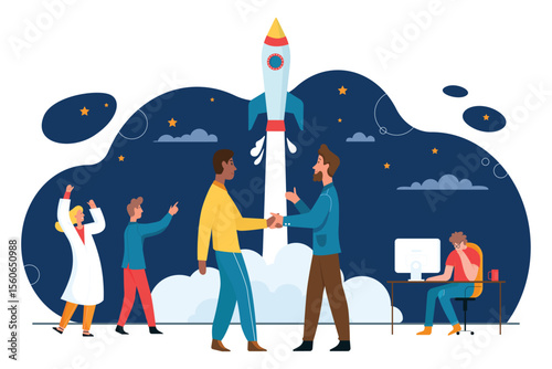 Business development, partner cooperation to launch startup. Team of tiny happy office characters start new project, handshake of entrepreneurs flat vector illustration. Innovation, teamwork concept