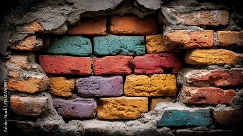Vibrant bricks peek through weathered wall