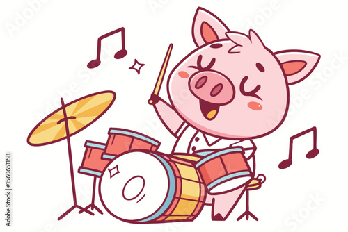 Vector cute Pig cartoon character, playing a drum set, energetic and enthusiastic expression, musical notes flying, isolated on white background