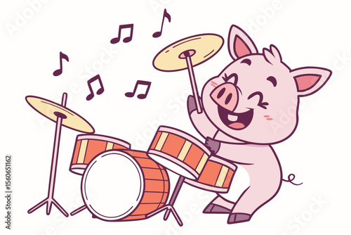 Vector cute Pig cartoon character, playing a drum set, energetic and enthusiastic expression, musical notes flying, isolated on white background