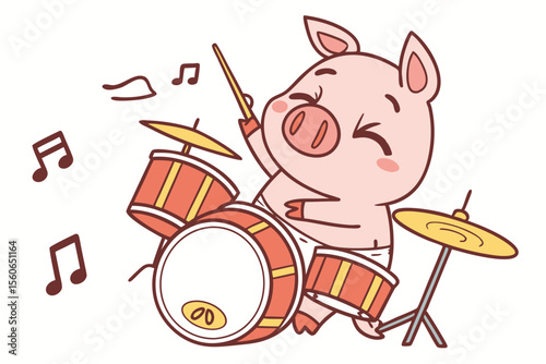 Vector cute Pig cartoon character, playing a drum set, energetic and enthusiastic expression, musical notes flying, isolated on white background