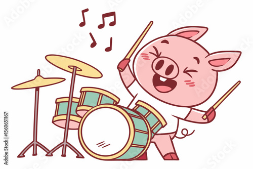 Vector cute Pig cartoon character, playing a drum set, energetic and enthusiastic expression, musical notes flying, isolated on white background