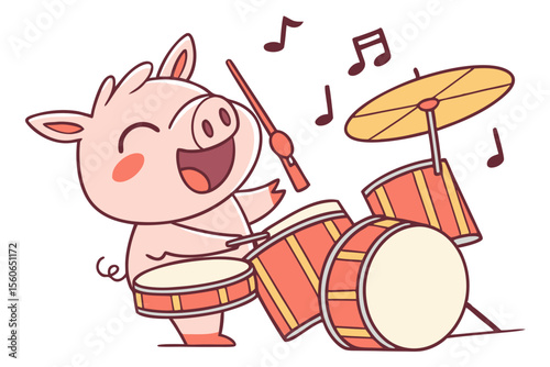 Vector cute Pig cartoon character, playing a drum set, energetic and enthusiastic expression, musical notes flying, isolated on white background